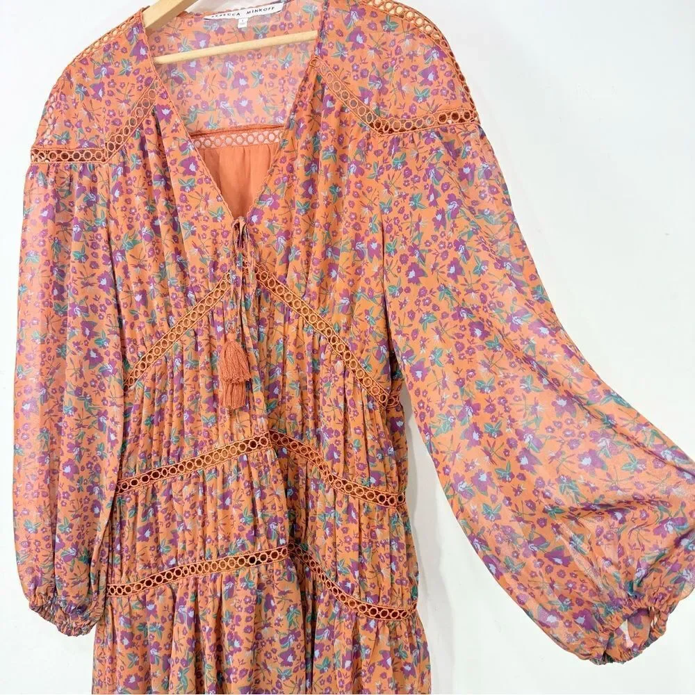 Rebecca Minkoff CADEN Dark Orange Magenta Floral Boho Chic Tiered Peasant Dress - Picture 9 of 16